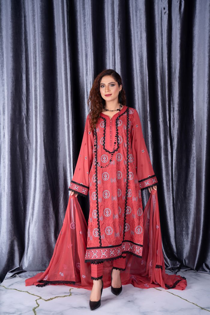 Elegant Pakistani woman in traditional attire against a silver curtain backdrop